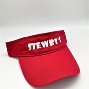 _opt1Stewbys-Original-Red-Visor-2-scaled-1 Red visor cap with 'STEWBY'S' logo.