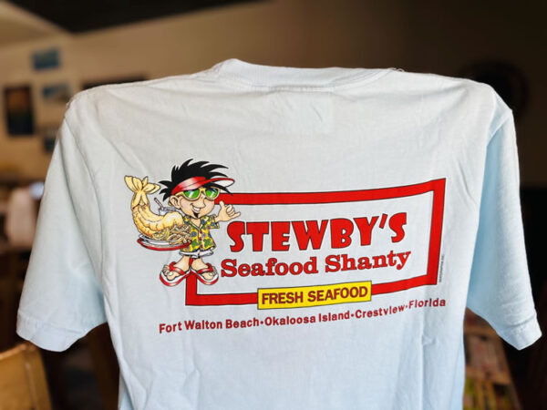 original wht T-shirt with Stewby's Seafood Shanty logo and locations.