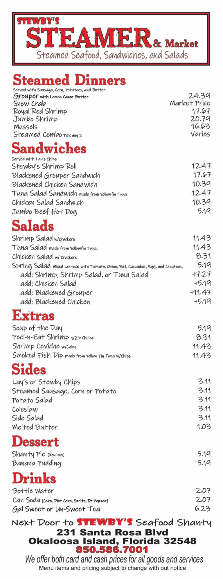 Stewby's Steamer menu with seafood, sandwiches, salads.