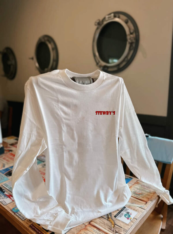 shirts_20241030_201757000750x1000 White Stewby’s logo long-sleeve shirt on table.
