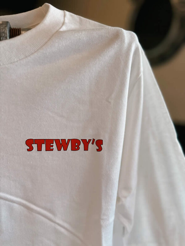 shirts_20241030_201835000750x1000 White shirt with red 'STEWBY'S' logo