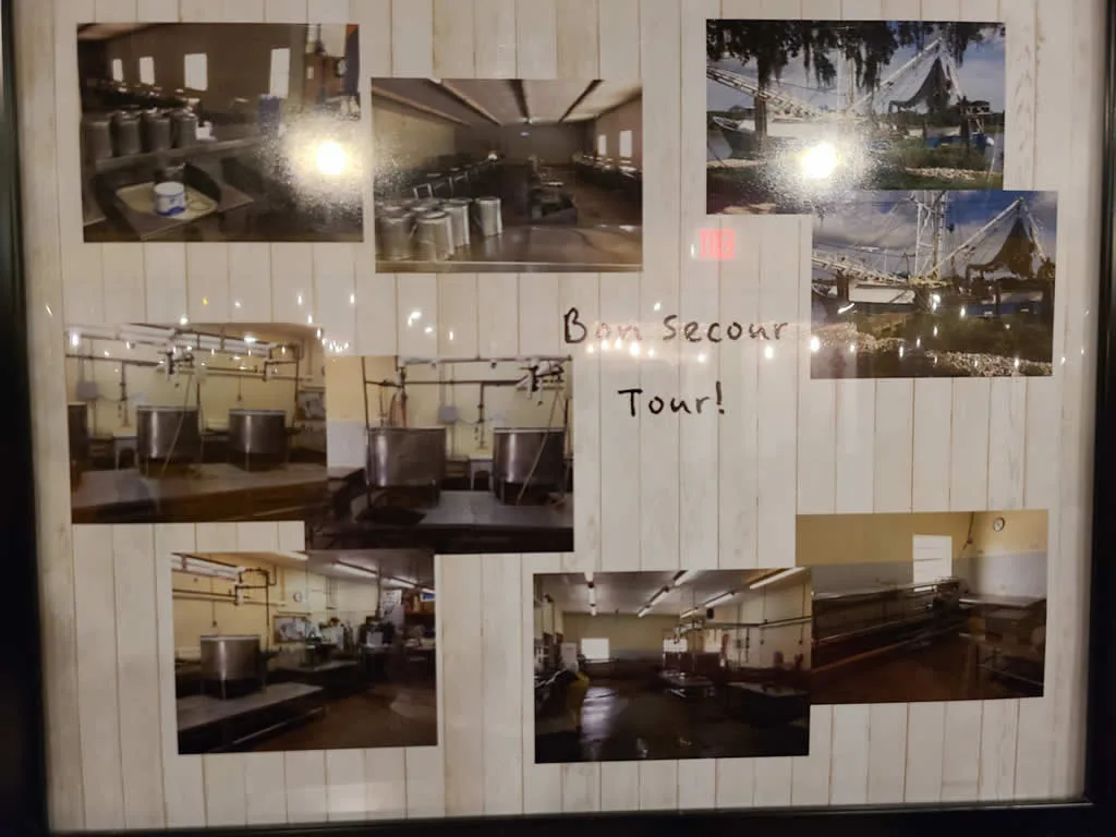 Collage of Bon Secour factory and boats tour.