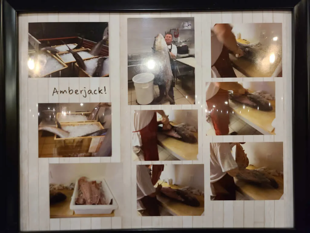 Collage of preparing and cutting a large amberjack.