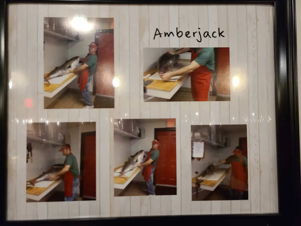 Person cleaning large amberjack fish in kitchen