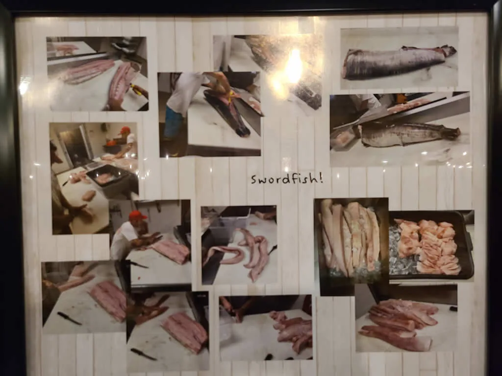 Collage of people preparing and cutting swordfish.