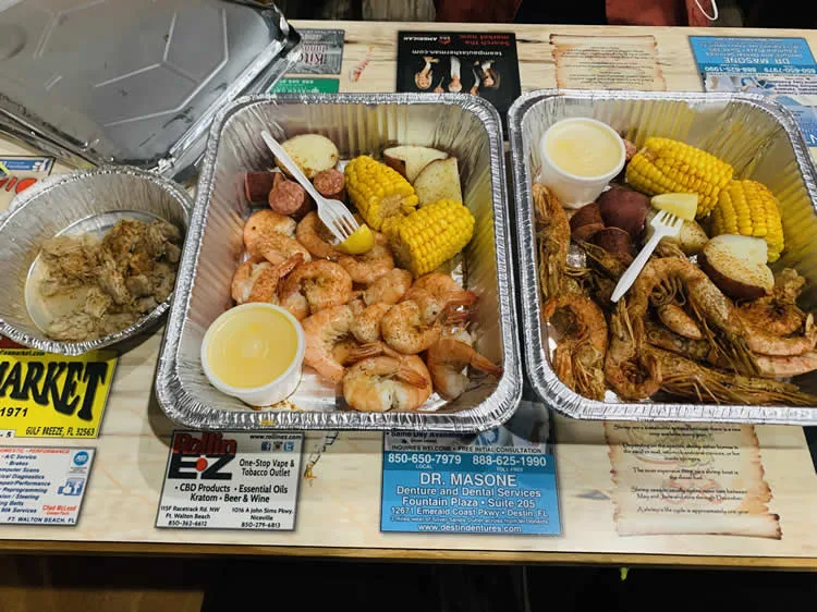 Seafood boil trays with shrimp and corn