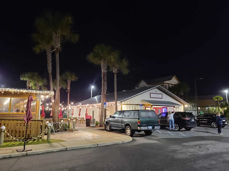 Night view of restaurant with palm trees and lights.