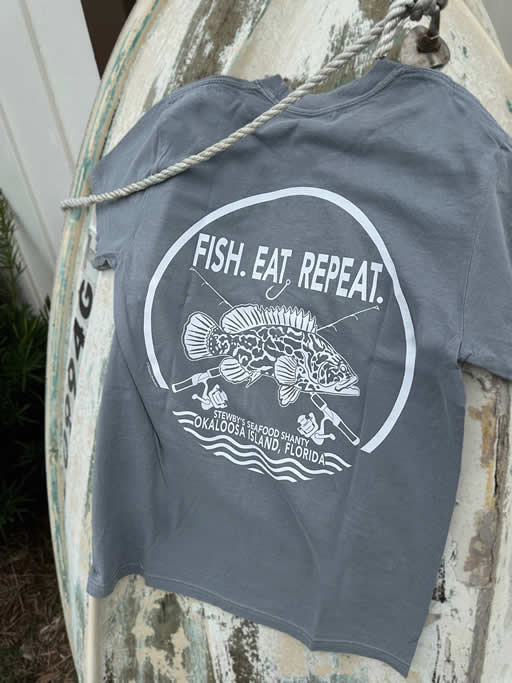 5240A32A-4369-4BF8-A658-250EC374420D Gray t-shirt with fish graphic and slogan
